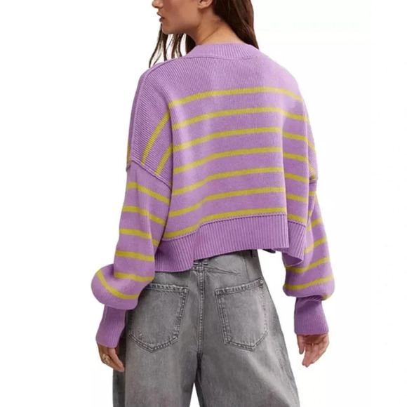 NWT Free People Easy Street Stripe Crop Pullover Sweater Oversized Purple - Picture 1 of 13